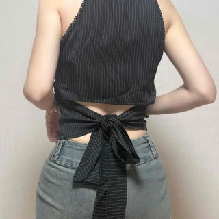 Slim Fit Striped Button Flap Pocket Collar Sleeveless Blouse
