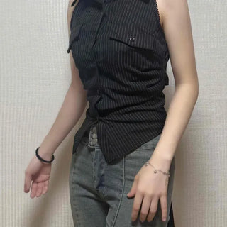 Slim Fit Striped Button Flap Pocket Collar Sleeveless Blouse