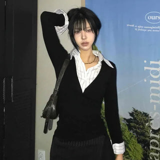 Slim-fit Color-block Stripe Collared Long-sleeve T-shirt