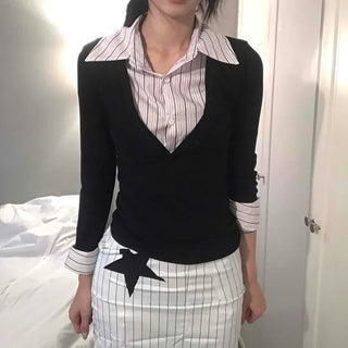 Slim-fit Striped Color-block Collared Long-sleeve T-shirt