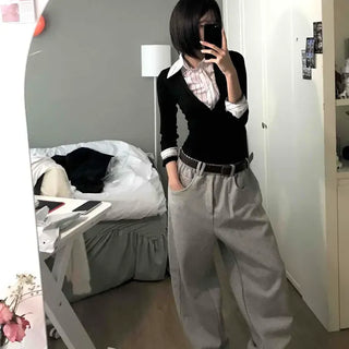 Slim-fit Striped Color-block Collared Long-sleeve T-shirt