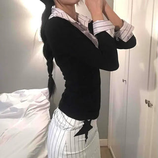 Slim-fit Striped Color-block Collared Long-sleeve T-shirt
