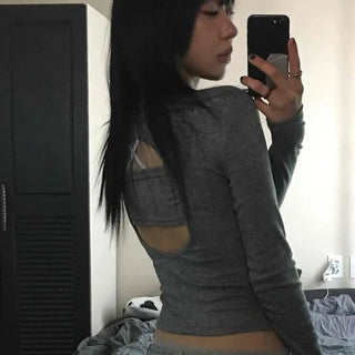 Slim Fit Plain Cutout Backless Long Sleeve T-shirt