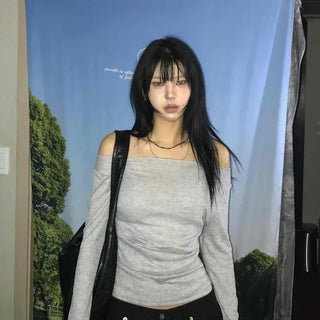 Slim Fit Plain Off-Shoulder Daily Long-Sleeve T-Shirt