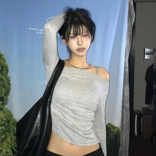 Slim Fit Plain Off-Shoulder Daily Long-Sleeve T-Shirt