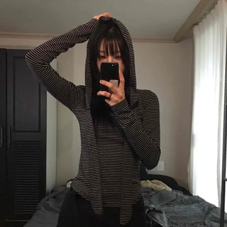 Loose Fit Striped String Long Sleeve Daily Hoodie