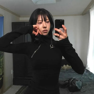 Slim Fit Plain Zipper Zip-Up Long Sleeve T-Shirt