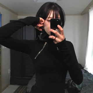 Slim Fit Plain Zipper Zip-Up Long Sleeve T-Shirt