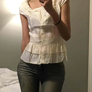 Regular Fit Fitted Plain Frill Short Sleeve Blouse