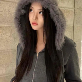 Voluminous Raccoon Fur Hooded Fleece-Lined Zip-Up Hoodie
