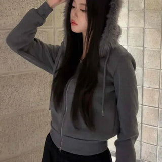 Voluminous Raccoon Fur Hooded Fleece-Lined Zip-Up Hoodie