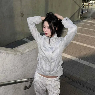 Loose-fit Plain Button Full-Zip Long Sleeve Daily Zip-up