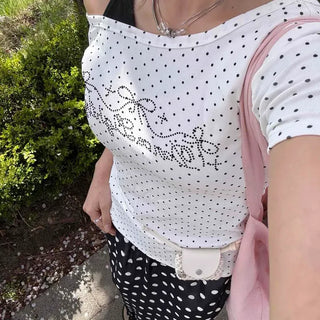 Regular Fit Dot Ribbon Punching Strap Short Sleeve T-shirt