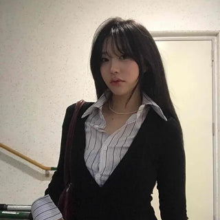 Slim Fit Striped Color Block Button Layered Long Sleeve T-shirt