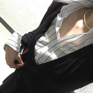 Slim Fit Striped Color Block Button Layered Long Sleeve T-shirt