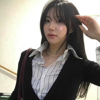 Slim Fit Striped Color Block Button Layered Long Sleeve T-shirt