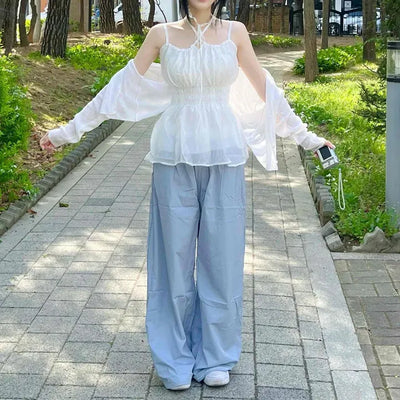 Shirred Ribbon Strap A-Line Sleeveless Blouse