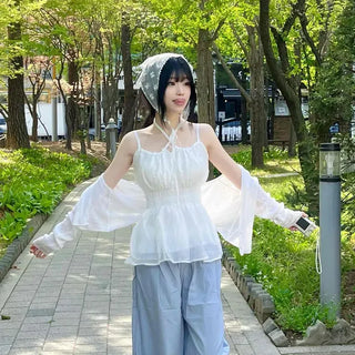 Shirred Ribbon Strap A-Line Sleeveless Blouse