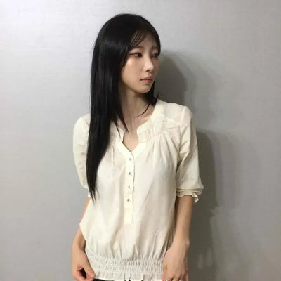 Shirred Frill Button Plain Short Sleeve Blouse