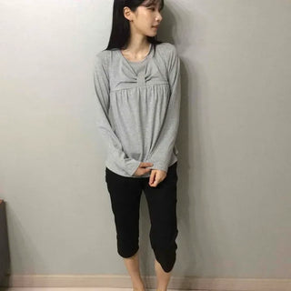 Loose Fit Plain Shirred Long Sleeve Daily T-shirt