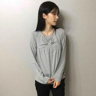 Loose Fit Plain Shirred Long Sleeve Daily T-shirt