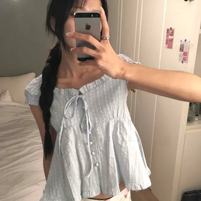 Loose-fit Striped Shirred Frill Cap Sleeve Blouse