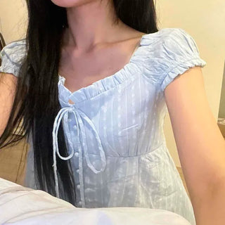 Loose-fit Striped Shirred Frill Cap Sleeve Blouse