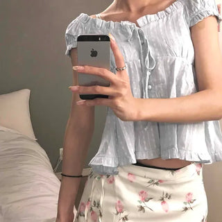 Loose-fit Striped Shirred Frill Cap Sleeve Blouse