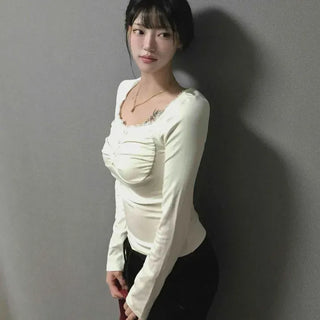 Slim Fit Plain Shirred Button Long Sleeve T-shirt