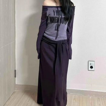 Loose Fit Ribbon Wrap A-Line Daily Long Skirt