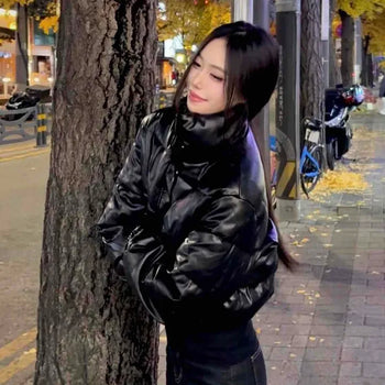 Street Leather Glossy Crop Padded Jacket