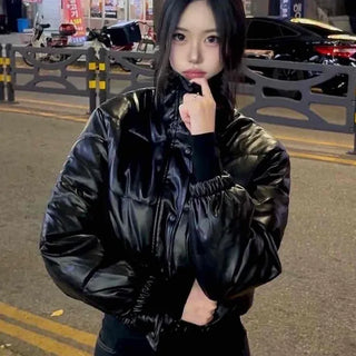 Street Leather Glossy Crop Padded Jacket