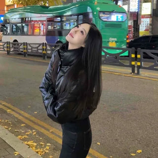 Street Leather Glossy Crop Padded Jacket