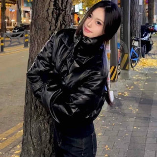 Street Leather Glossy Crop Padded Jacket