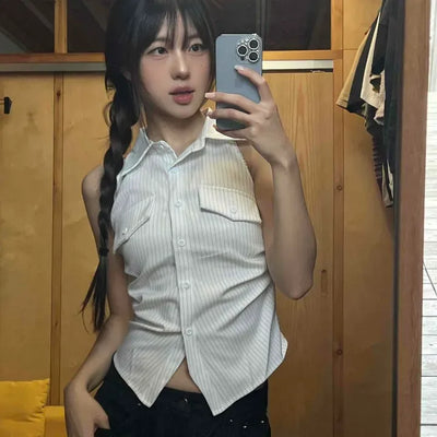 Striped Button-Down Sleeveless Blouse