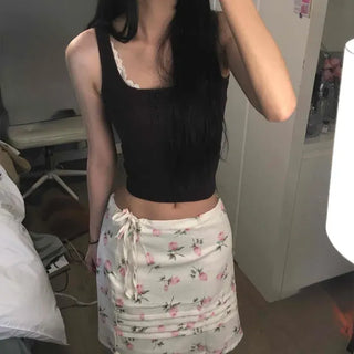 Shirred String Wrap Flower H-Line Midi Skirt