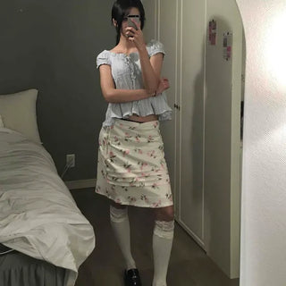Shirred String Wrap Flower H-Line Midi Skirt
