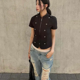 Slim Fit Zip-Up Button Zipper Epaulet Short Sleeve Jacket
