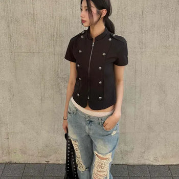 Slim Fit Zip-Up Button Zipper Epaulet Short Sleeve Jacket