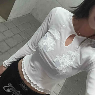 Slim Fit Plain Frill Cutout Fitted Long Sleeve T-shirt