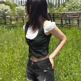 Slim Fit Plain Button Frill Contrast Layered Sleeveless