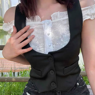Slim Fit Plain Button Frill Contrast Layered Sleeveless