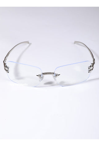 silver frameless glasses