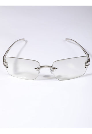silver frameless glasses