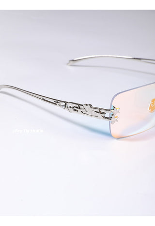 silver frameless glasses