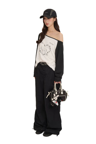 [Moromoro2] Y2K Bunny Print Wide Neckline Raglan  Tee