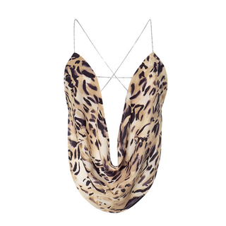 Metal chain cross back cowl neck print top