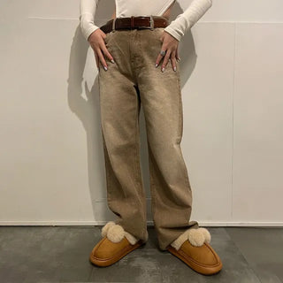Washed wide denim pants