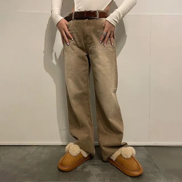 Washed wide denim pants