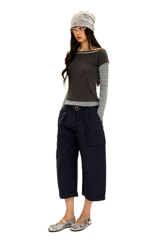 [Moromoro2] 3D Silhouette Belted Work Cropped  Pants